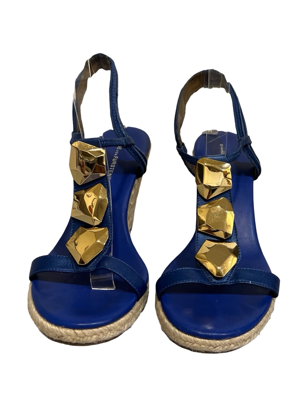 Diane Von Furstenberg Royal Blue T-Strap Sandals with Gold Studs 8.5